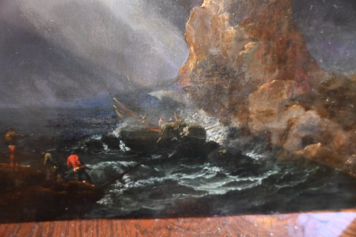 Lacroix de Marseille , suiveur de huile sur cuivre fin XVIII , tempête-photo-3