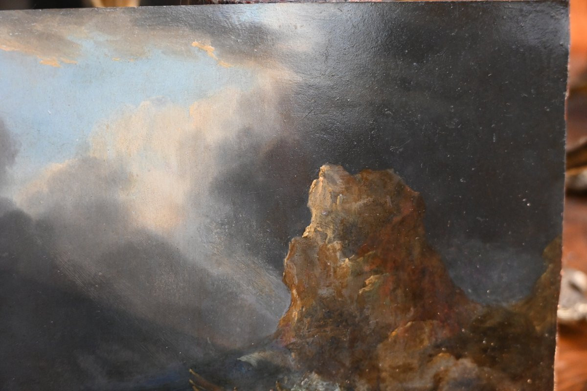 Lacroix de Marseille , suiveur de huile sur cuivre fin XVIII , tempête-photo-2