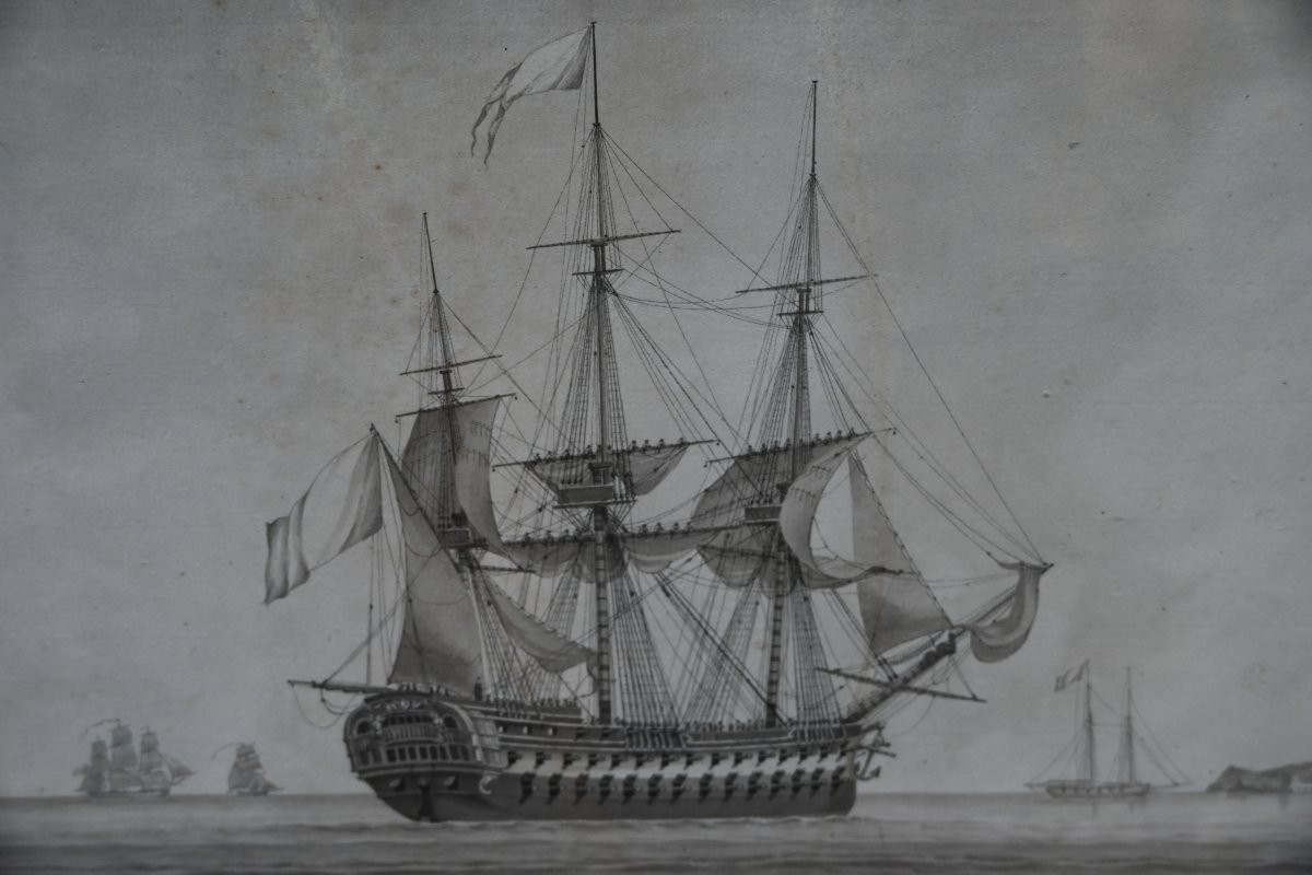 Dessin représentant un vaisseau français , école française du XVIII-photo-2
