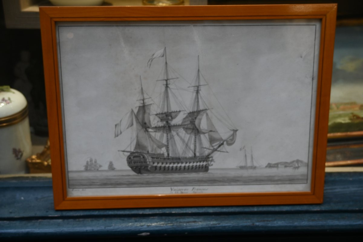 Dessin représentant un vaisseau français , école française du XVIII-photo-4