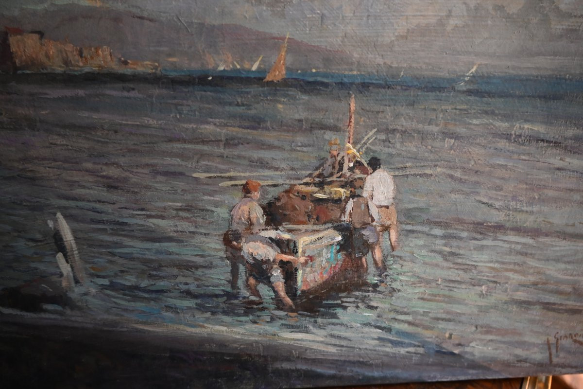 View Of The Neapolitan Coast With Fishermen, Oil Painting By Giardello-photo-2