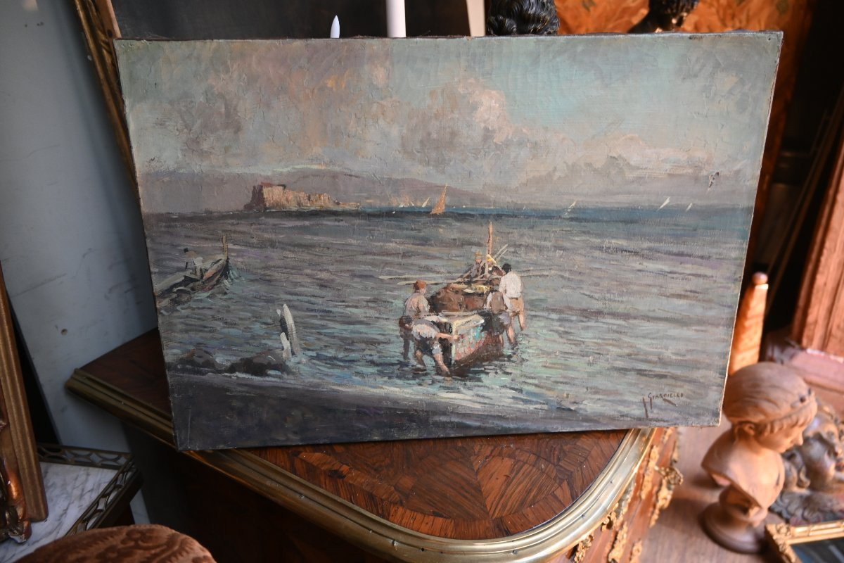 View Of The Neapolitan Coast With Fishermen, Oil Painting By Giardello-photo-4