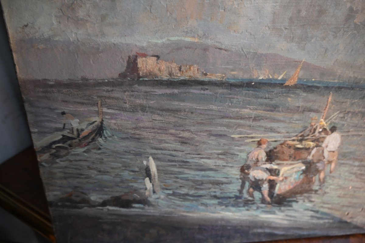 View Of The Neapolitan Coast With Fishermen, Oil Painting By Giardello-photo-1