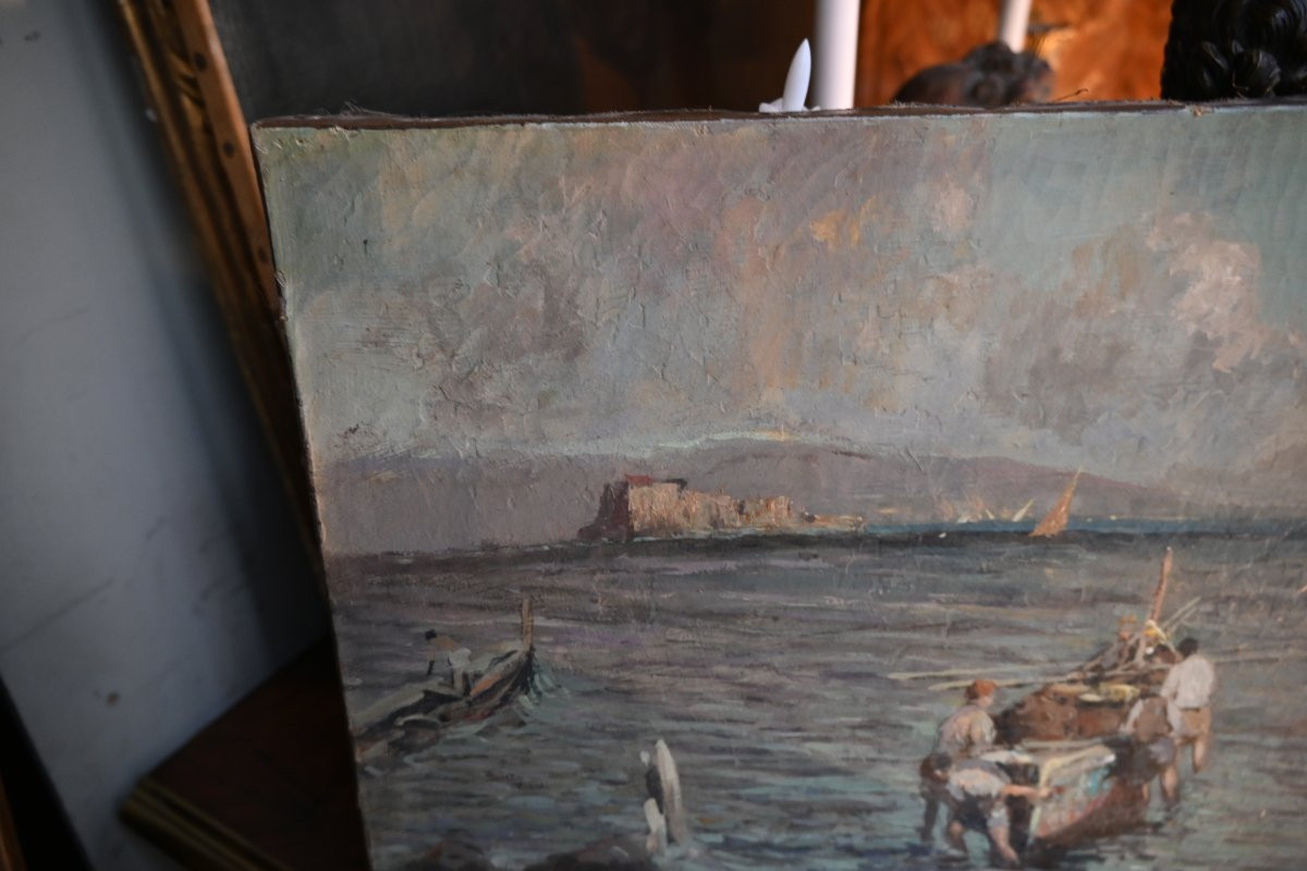 View Of The Neapolitan Coast With Fishermen, Oil Painting By Giardello-photo-2