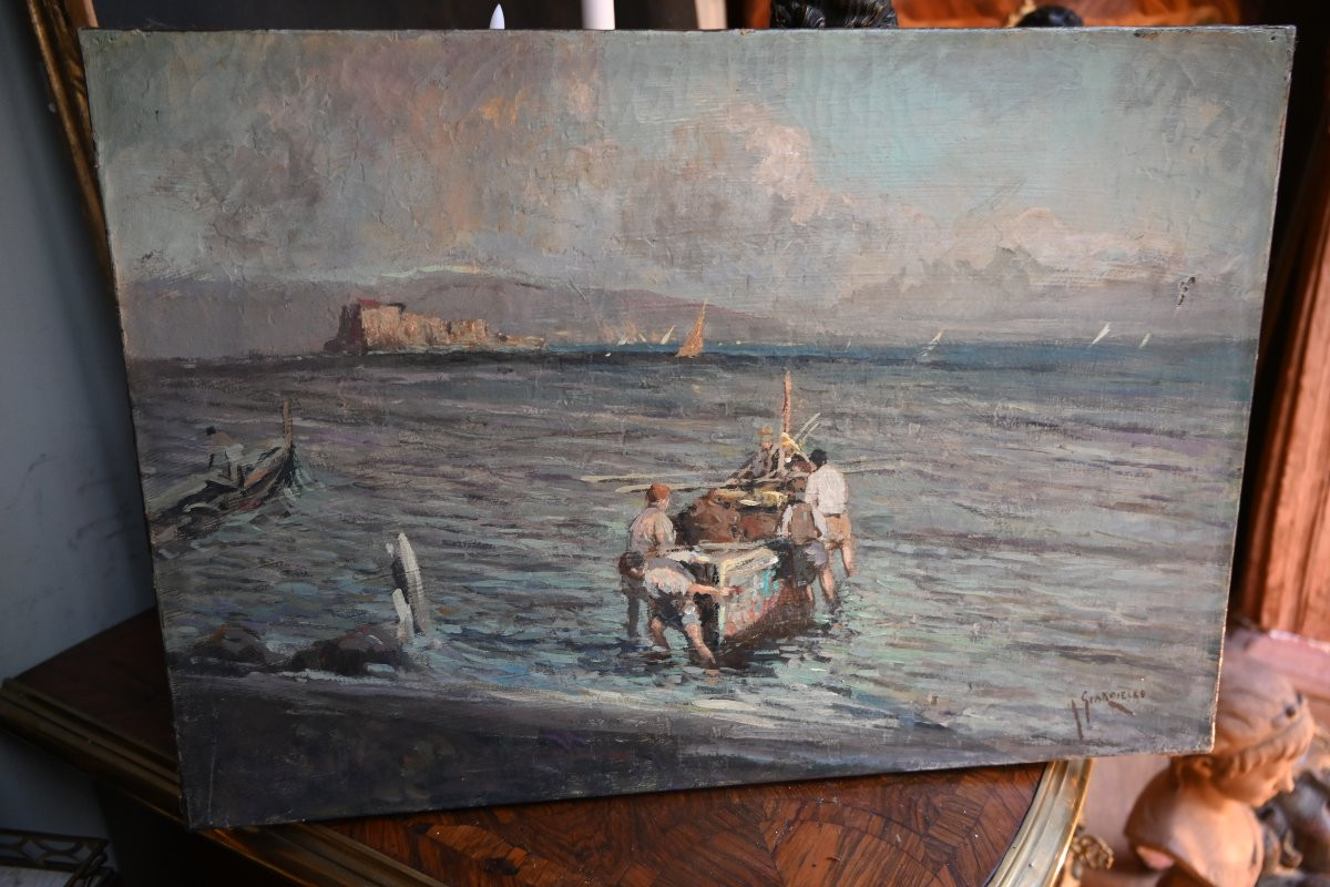 View Of The Neapolitan Coast With Fishermen, Oil Painting By Giardello-photo-3