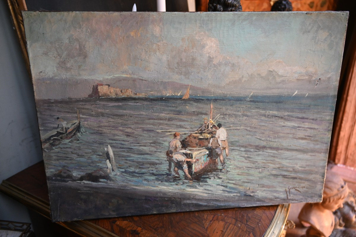 View Of The Neapolitan Coast With Fishermen, Oil Painting By Giardello