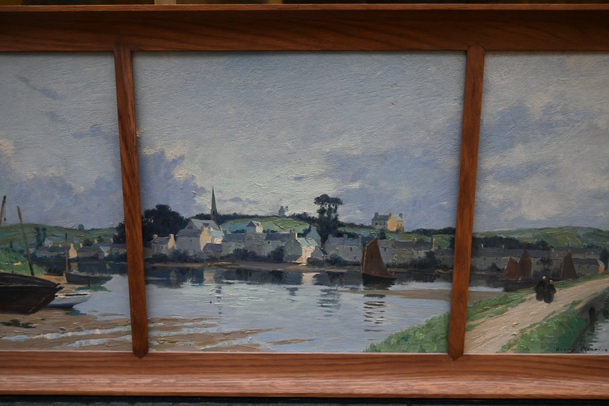 Bretagne  Douarnenez Pouldavid , paysage de rivière et village par Henry Maurice Cahours -photo-4