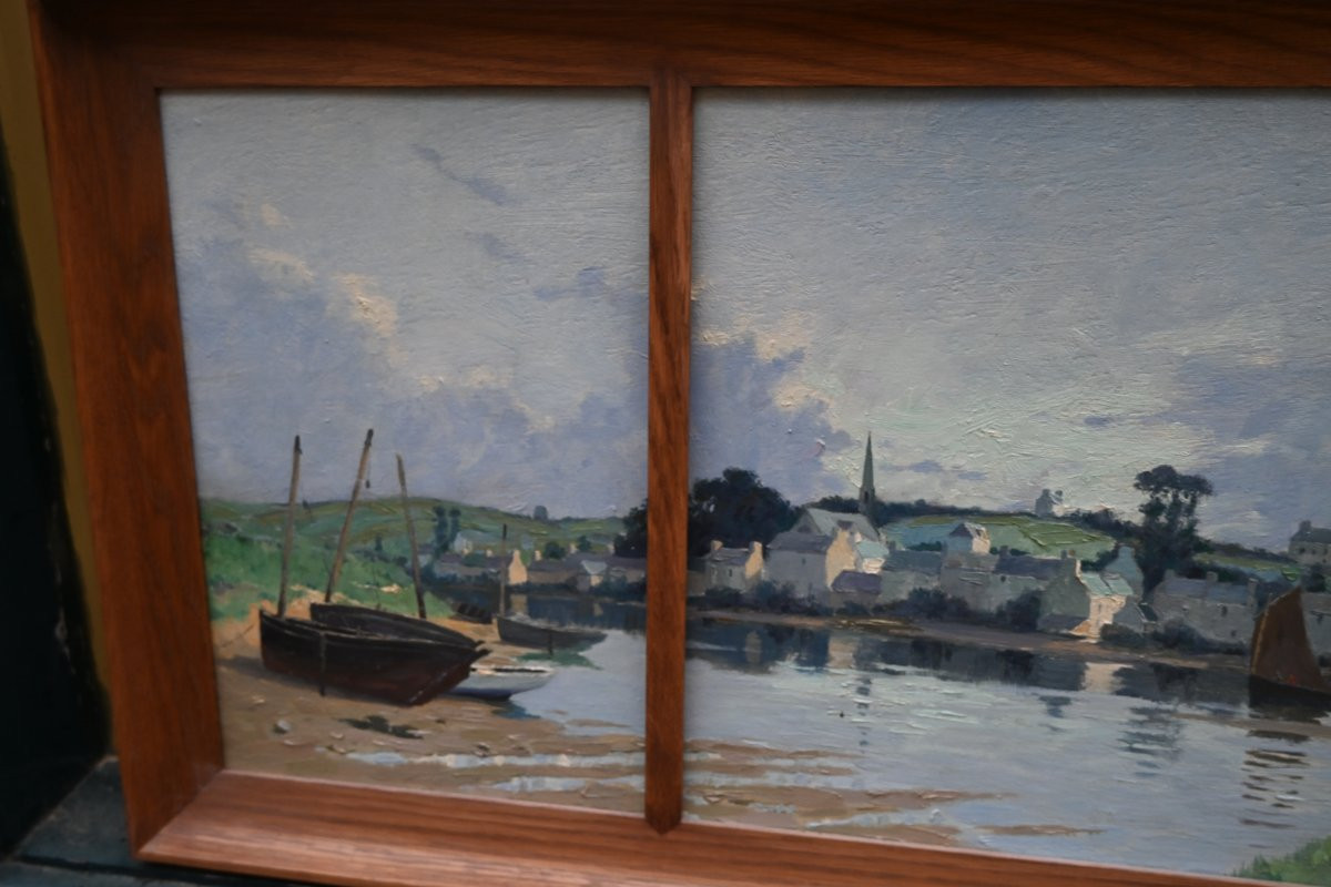 Bretagne  Douarnenez Pouldavid , paysage de rivière et village par Henry Maurice Cahours -photo-2
