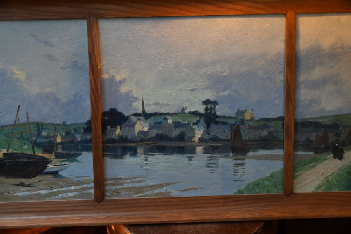 Bretagne  Douarnenez Pouldavid , paysage de rivière et village par Henry Maurice Cahours -photo-3