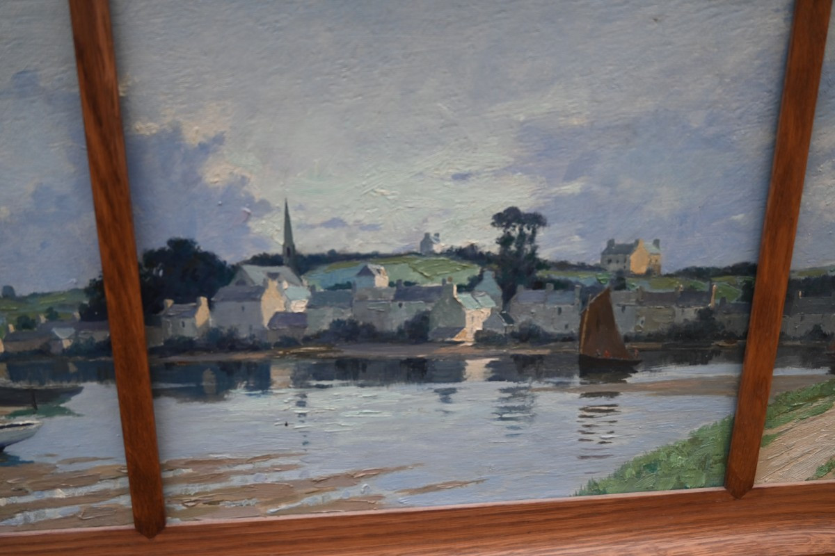 Bretagne  Douarnenez Pouldavid , paysage de rivière et village par Henry Maurice Cahours 