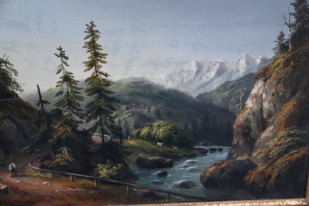 Suisse , école du XIX paysage de montagne , signé , suiveur de François Roffiaen-photo-2