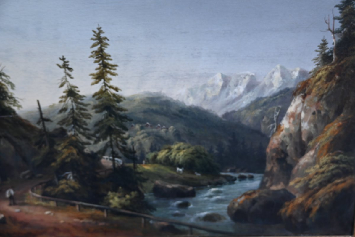 Suisse , école du XIX paysage de montagne , signé , suiveur de François Roffiaen-photo-2