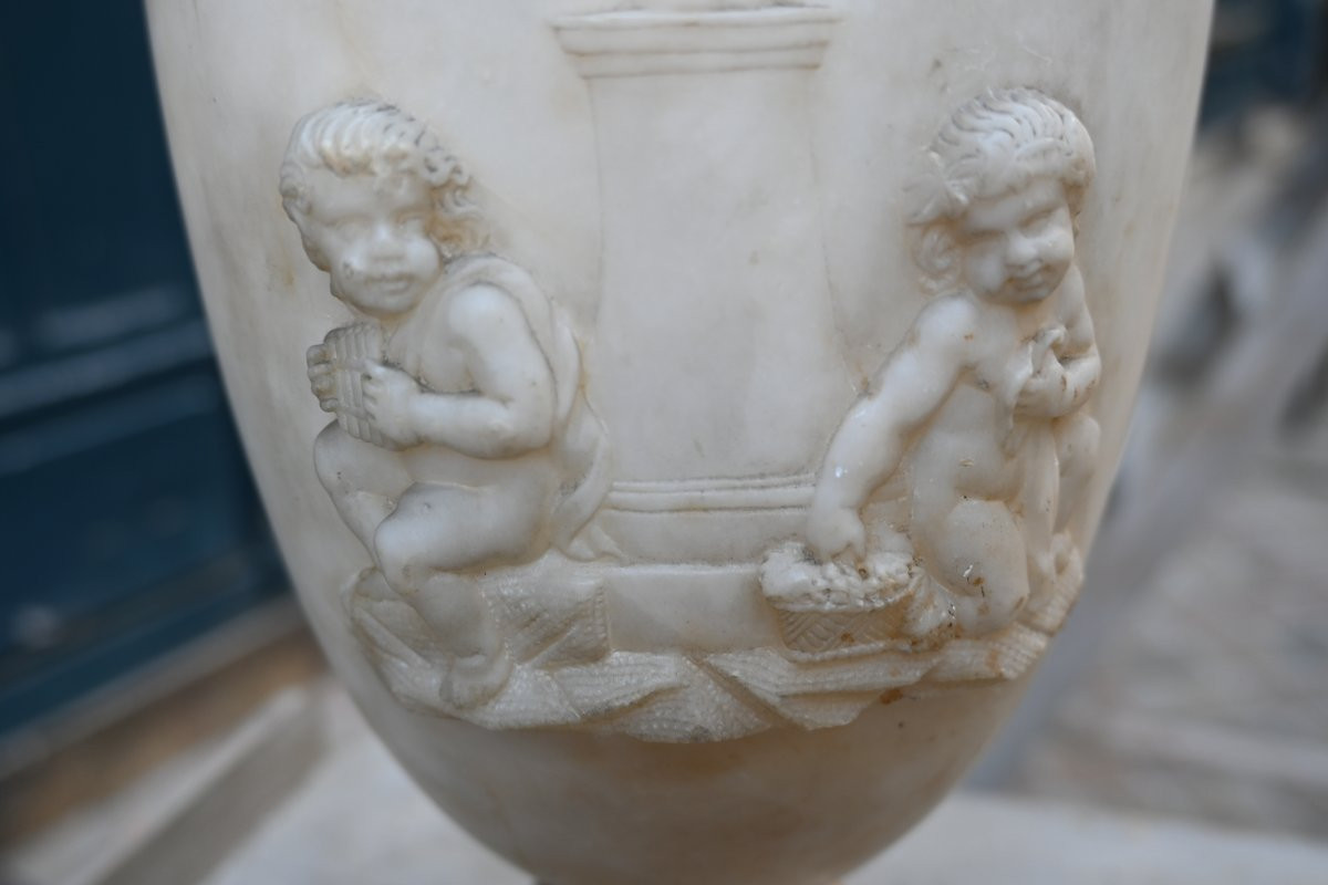 Marble Vase With Putti, 19th Century-photo-3