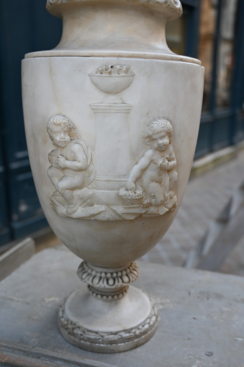 Marble Vase With Putti, 19th Century
