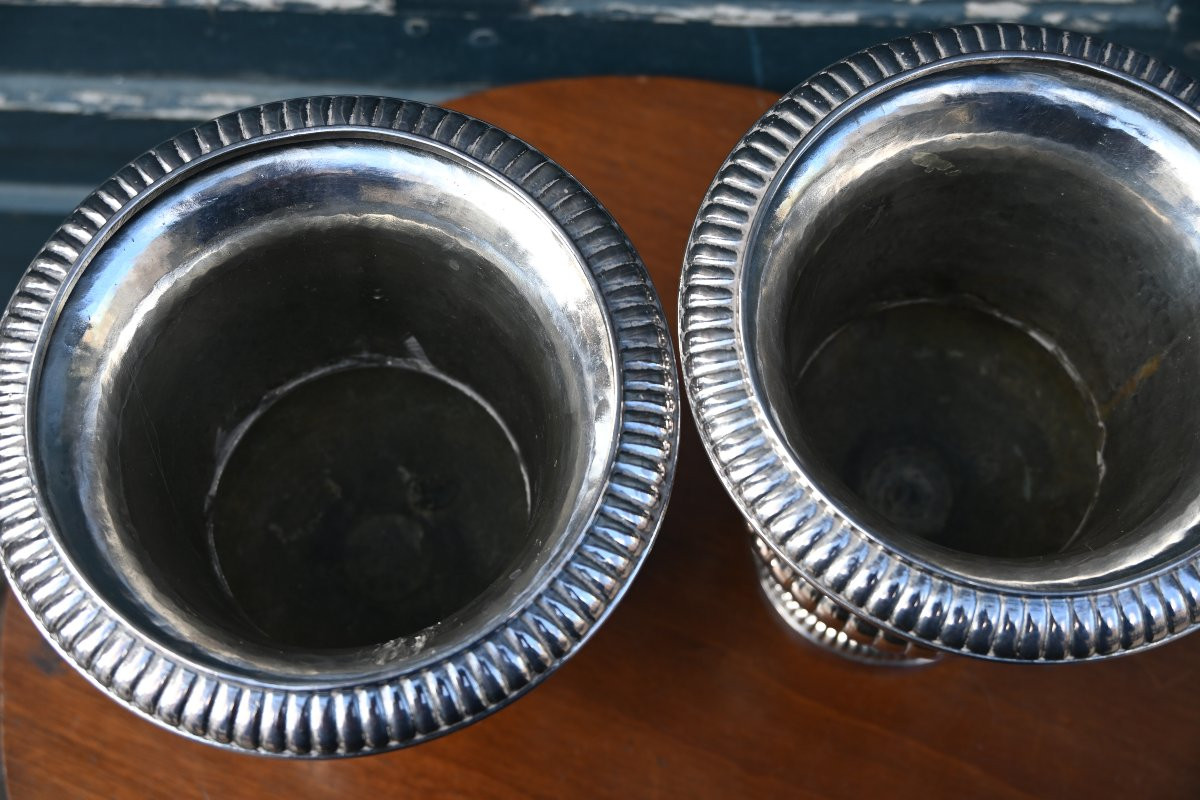 Pair Of Medici Vases, Forming Flower Pots In Louis XVI Silvered Bronze-photo-3