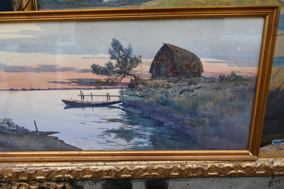 Camargue , aquarelle avec soleil couchant sur étang -photo-3