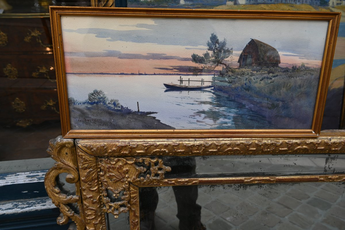 Camargue , aquarelle avec soleil couchant sur étang -photo-4