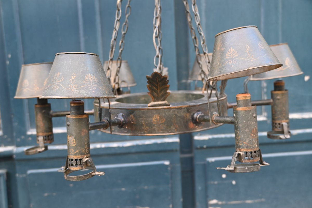 Lustre à quinquet en tôle peinte d époque Directoire du XIX-photo-4