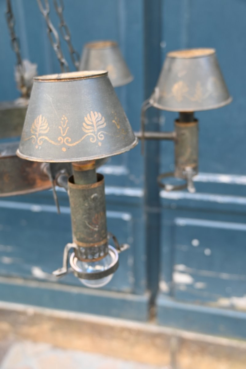Lustre à quinquet en tôle peinte d époque Directoire du XIX-photo-7