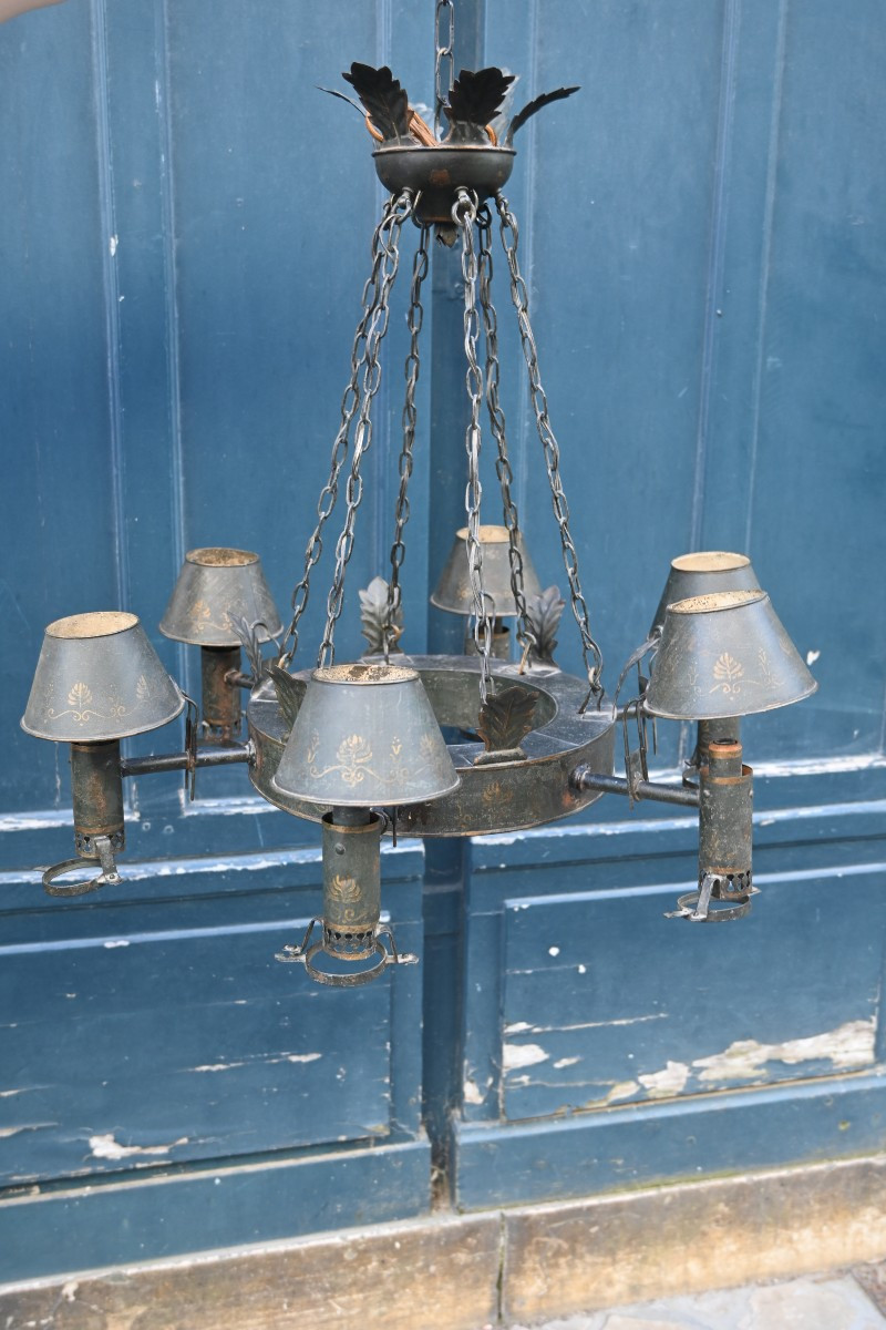 Lustre à quinquet en tôle peinte d époque Directoire du XIX-photo-8