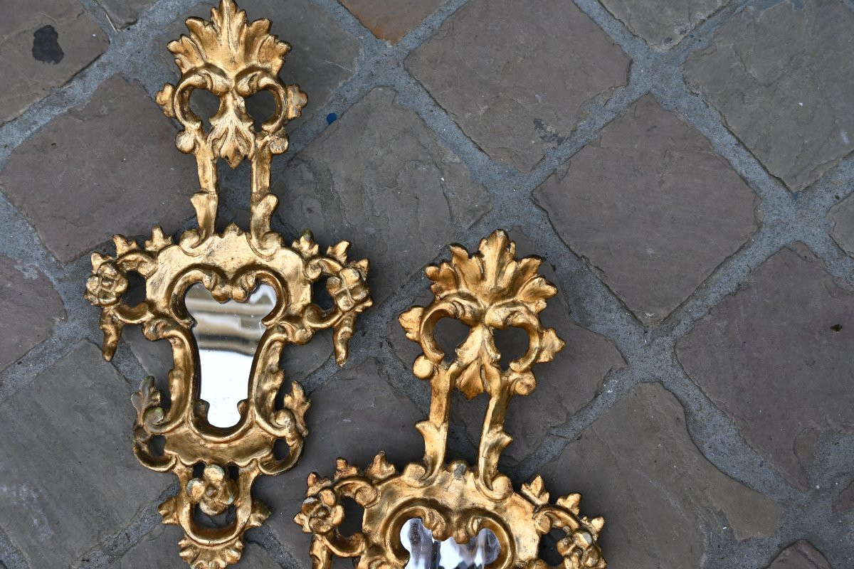 Pair Of Small Italian Gilded Wood Mirrors In The Baroque Style-photo-3