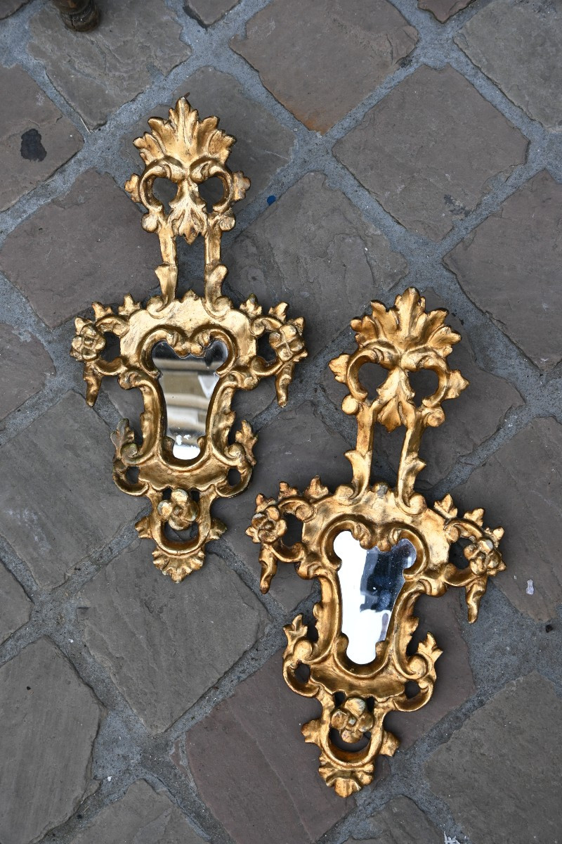 Pair Of Small Italian Gilded Wood Mirrors In The Baroque Style