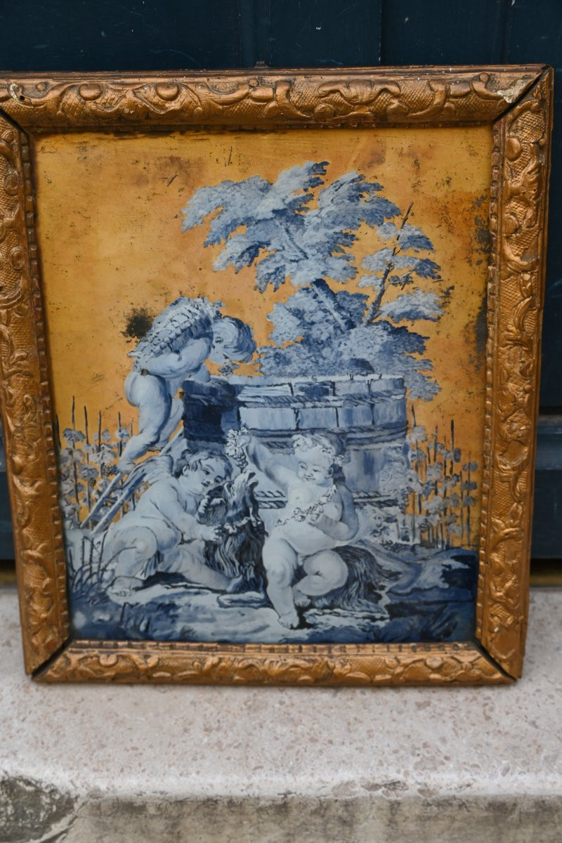 Beautifully Fixed Under Glass From The 18th Century, The Harvesting Lovers On A Gold Background.-photo-3