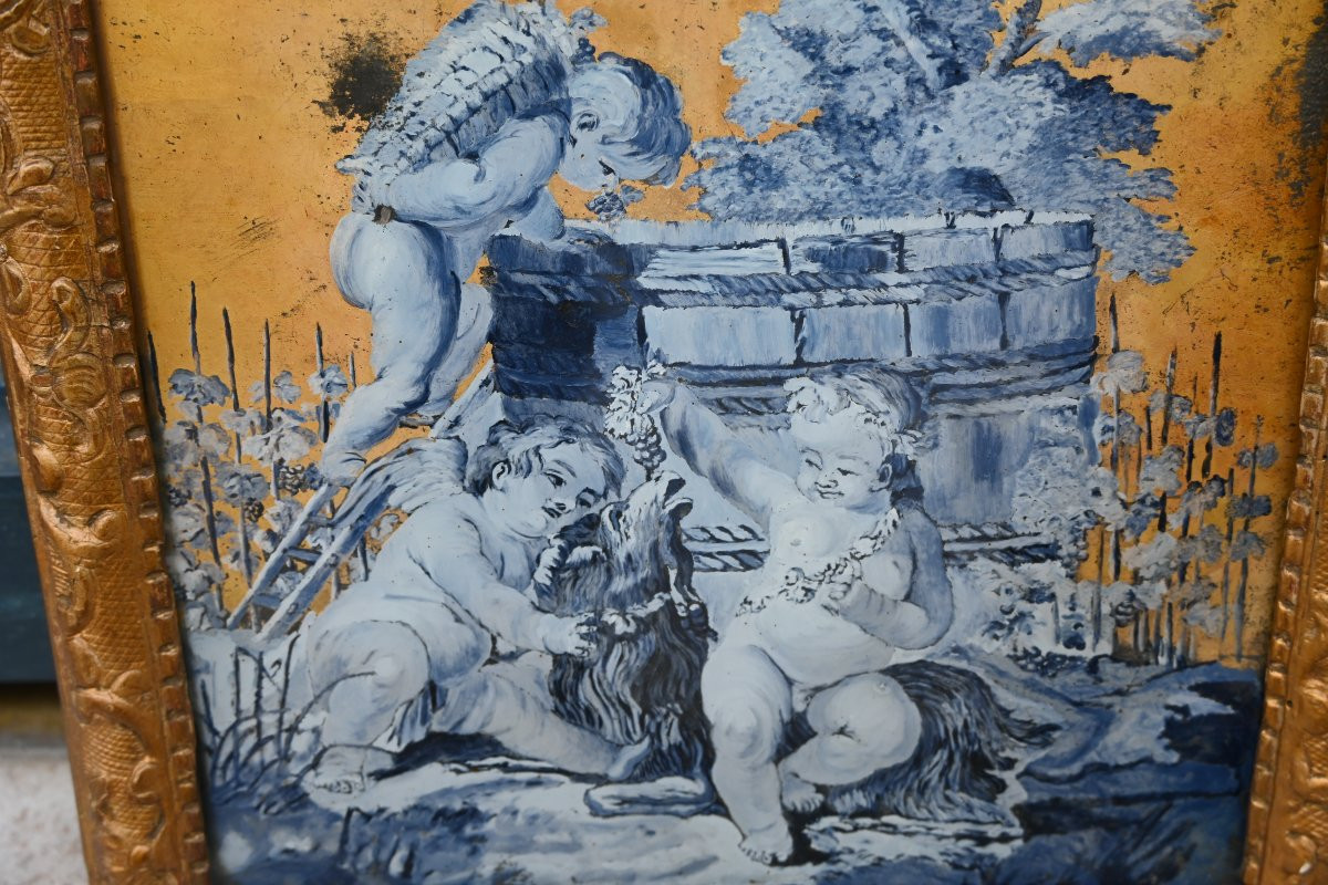 Beautifully Fixed Under Glass From The 18th Century, The Harvesting Lovers On A Gold Background.-photo-1