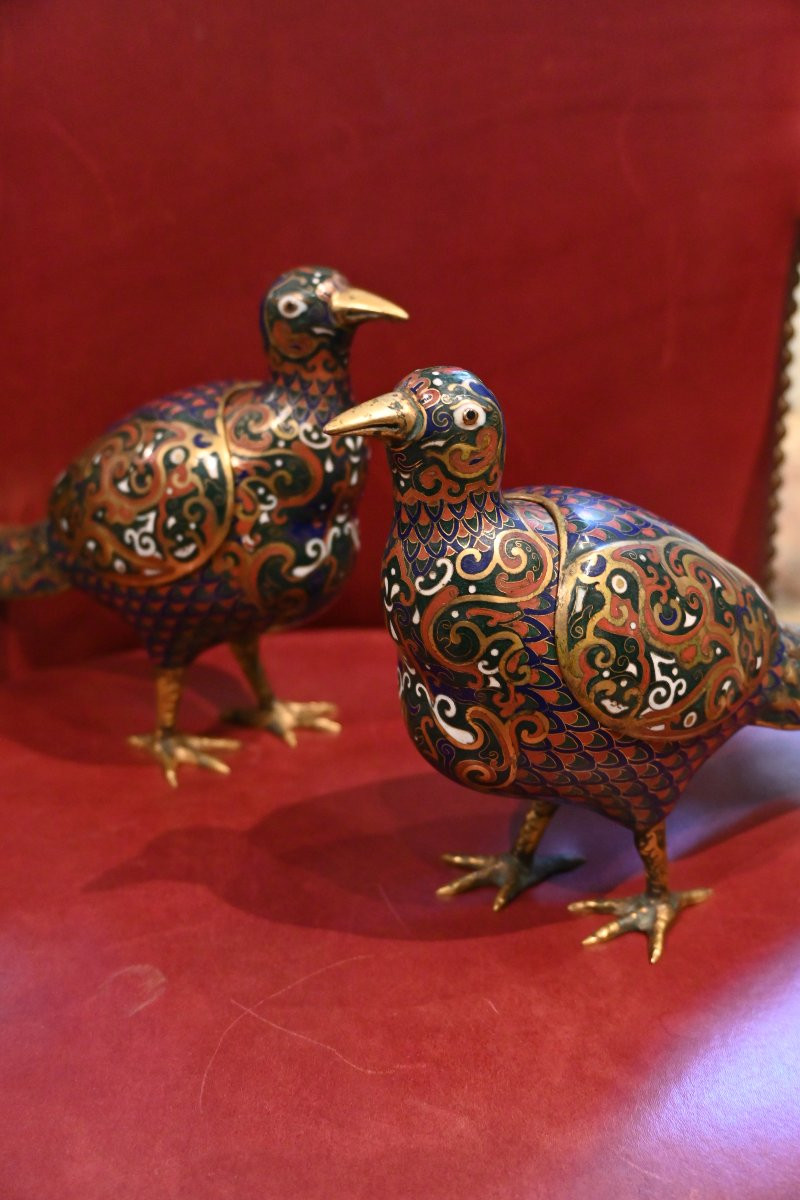 China Pair Of Cloisonné Quails, Perfume Burner XIX-photo-3