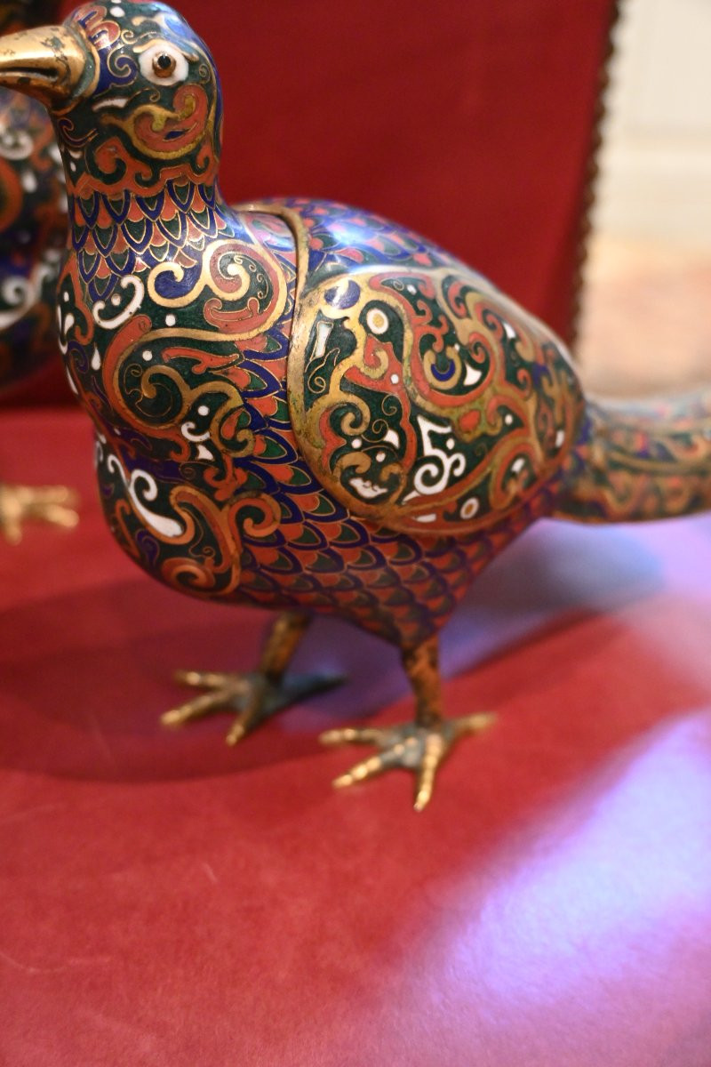 China Pair Of Cloisonné Quails, Perfume Burner XIX-photo-3