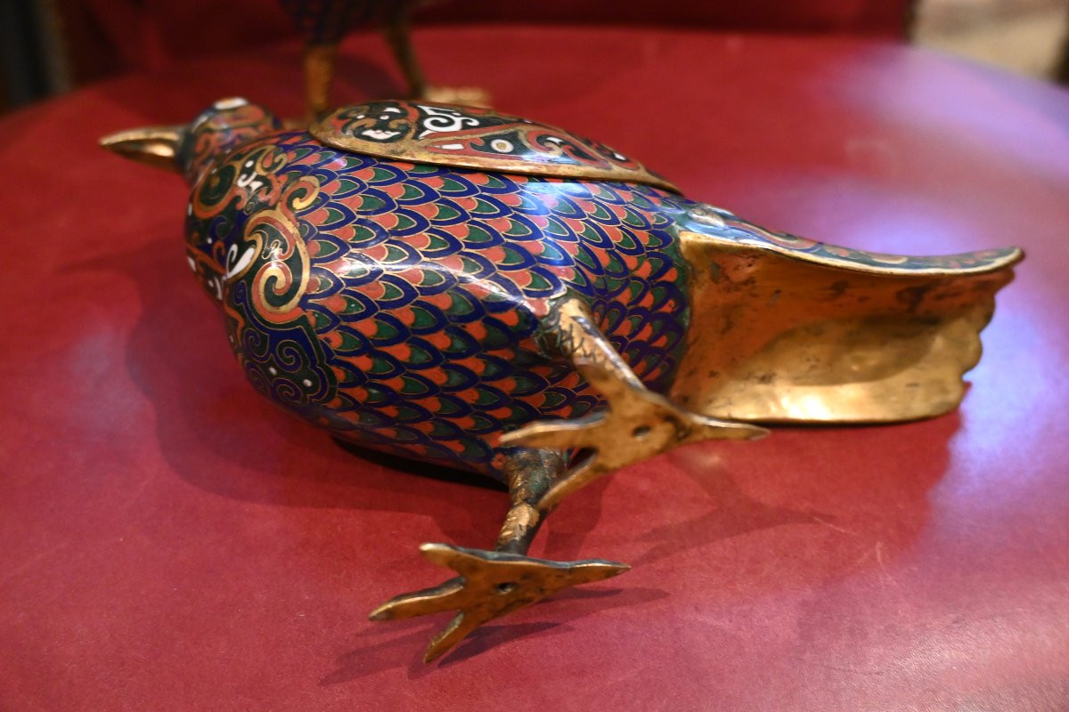 China Pair Of Cloisonné Quails, Perfume Burner XIX-photo-4