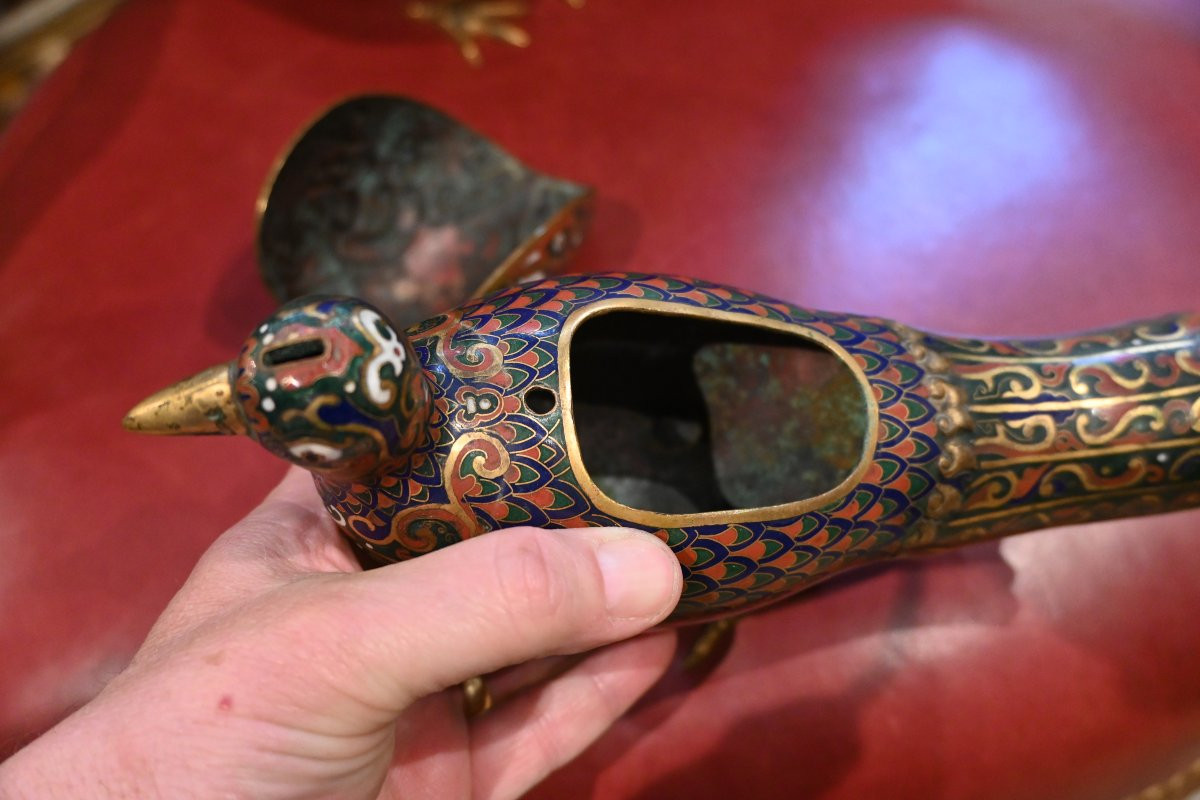 China Pair Of Cloisonné Quails, Perfume Burner XIX-photo-5