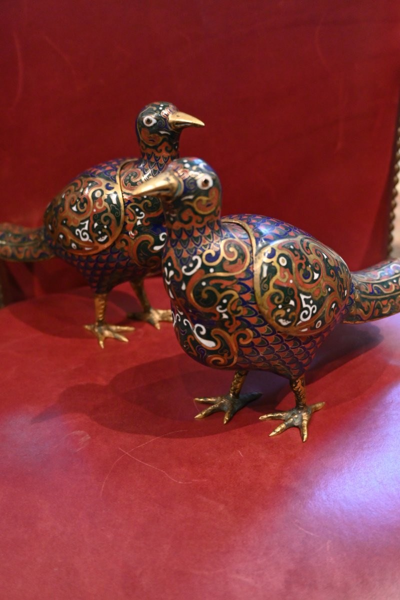China Pair Of Cloisonné Quails, Perfume Burner XIX-photo-8