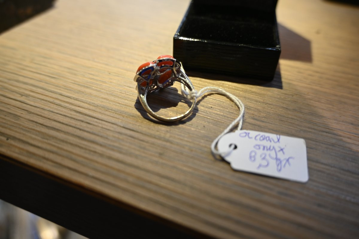 Bague fleur corail email et diamants-photo-2
