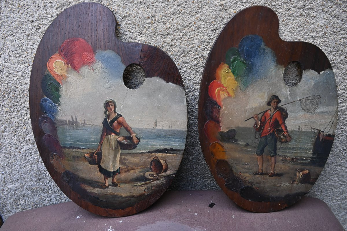 Paire de palettes de peintre , couple de pêcheurs-photo-4