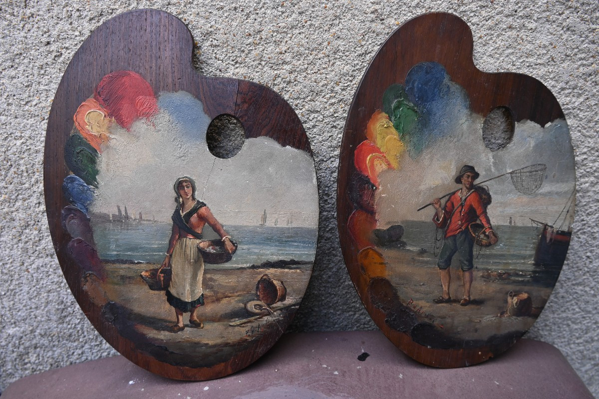 Paire de palettes de peintre , couple de pêcheurs