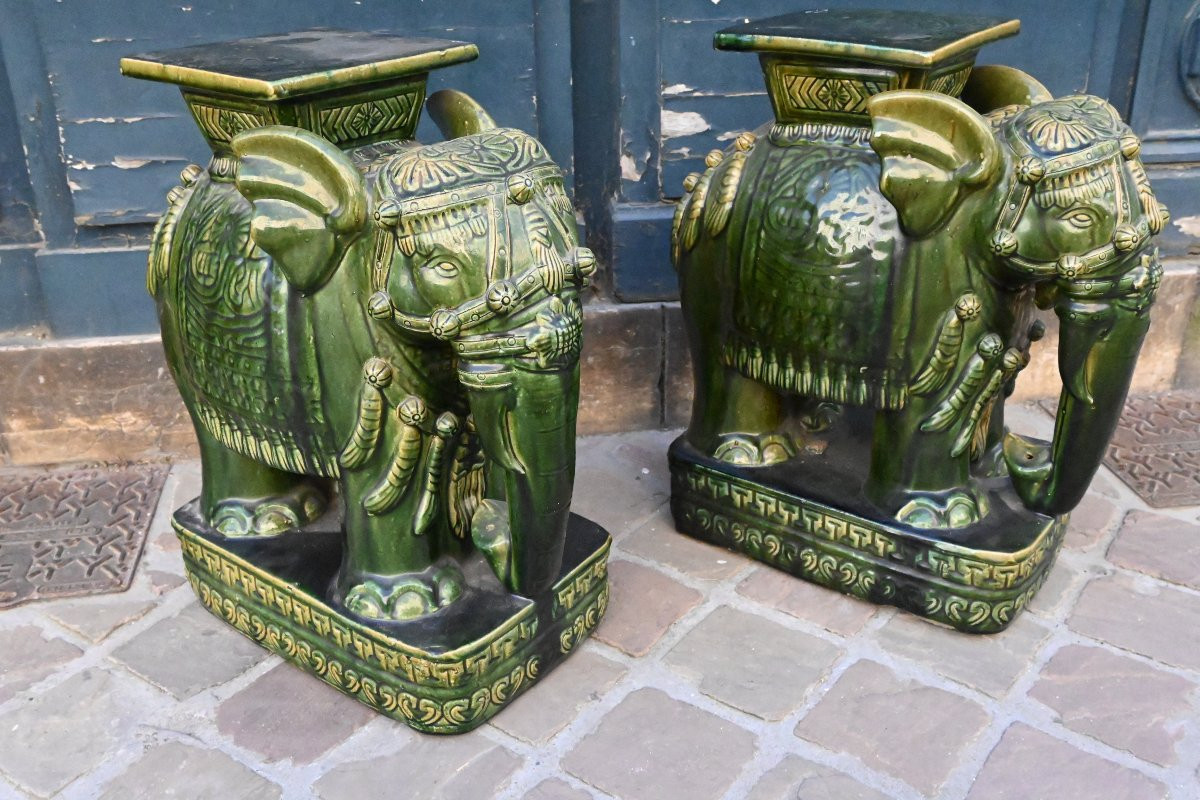Pair Of Green Earthenware Saddle Stools, Elephants-photo-2