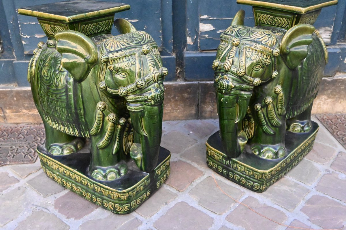 Pair Of Green Earthenware Saddle Stools, Elephants-photo-3
