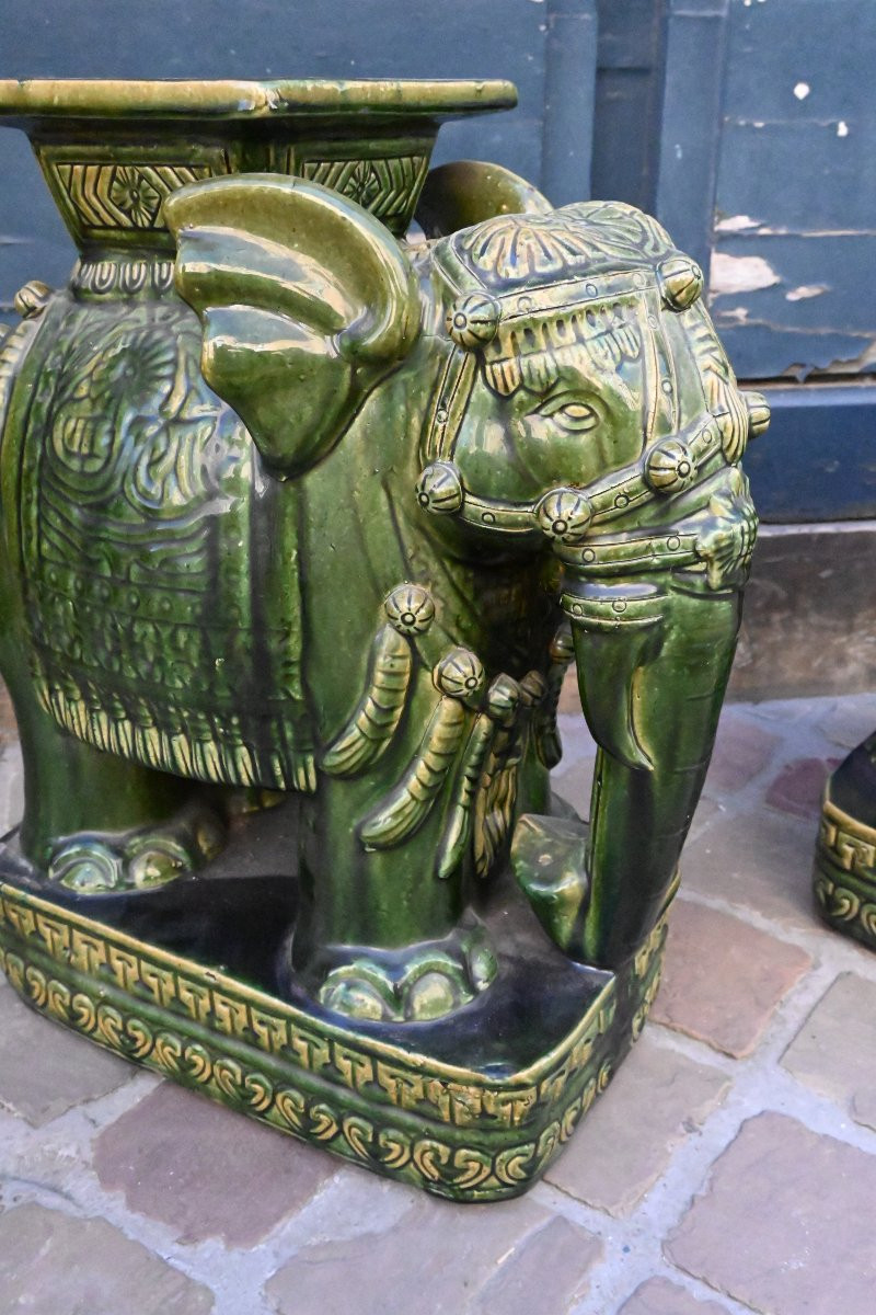 Pair Of Green Earthenware Saddle Stools, Elephants-photo-4