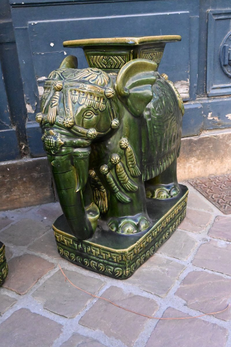 Pair Of Green Earthenware Saddle Stools, Elephants-photo-1