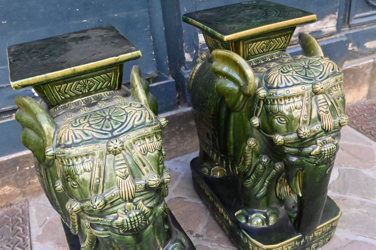 Pair Of Green Earthenware Saddle Stools, Elephants-photo-3