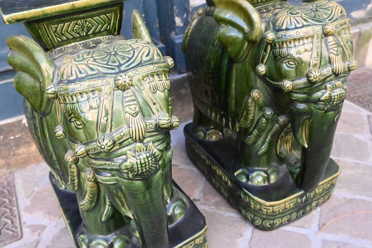 Pair Of Green Earthenware Saddle Stools, Elephants-photo-4