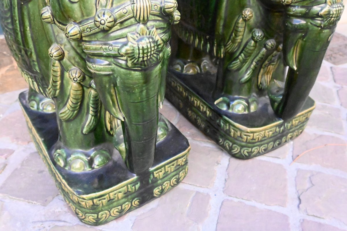Pair Of Green Earthenware Saddle Stools, Elephants-photo-5