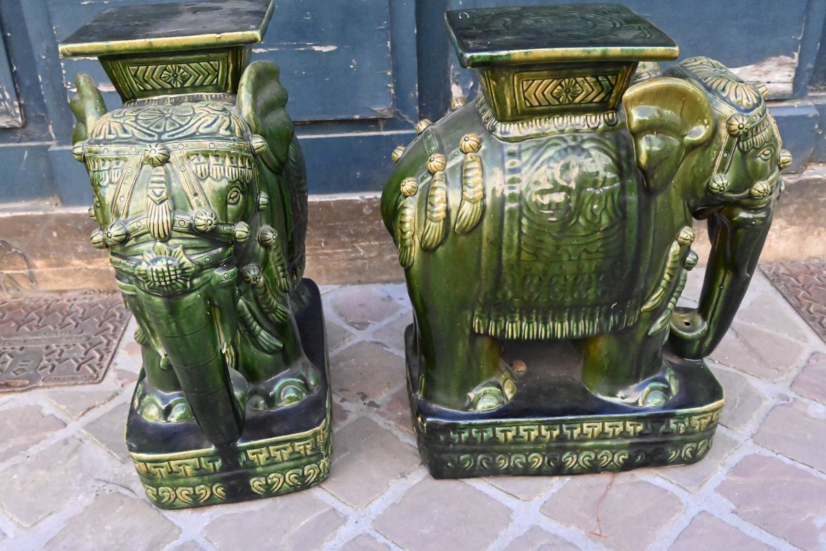 Pair Of Green Earthenware Saddle Stools, Elephants-photo-6