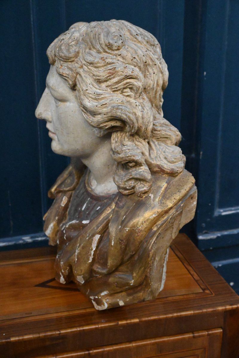 Louis XIV Period Antique Carved Wooden Bust-photo-3