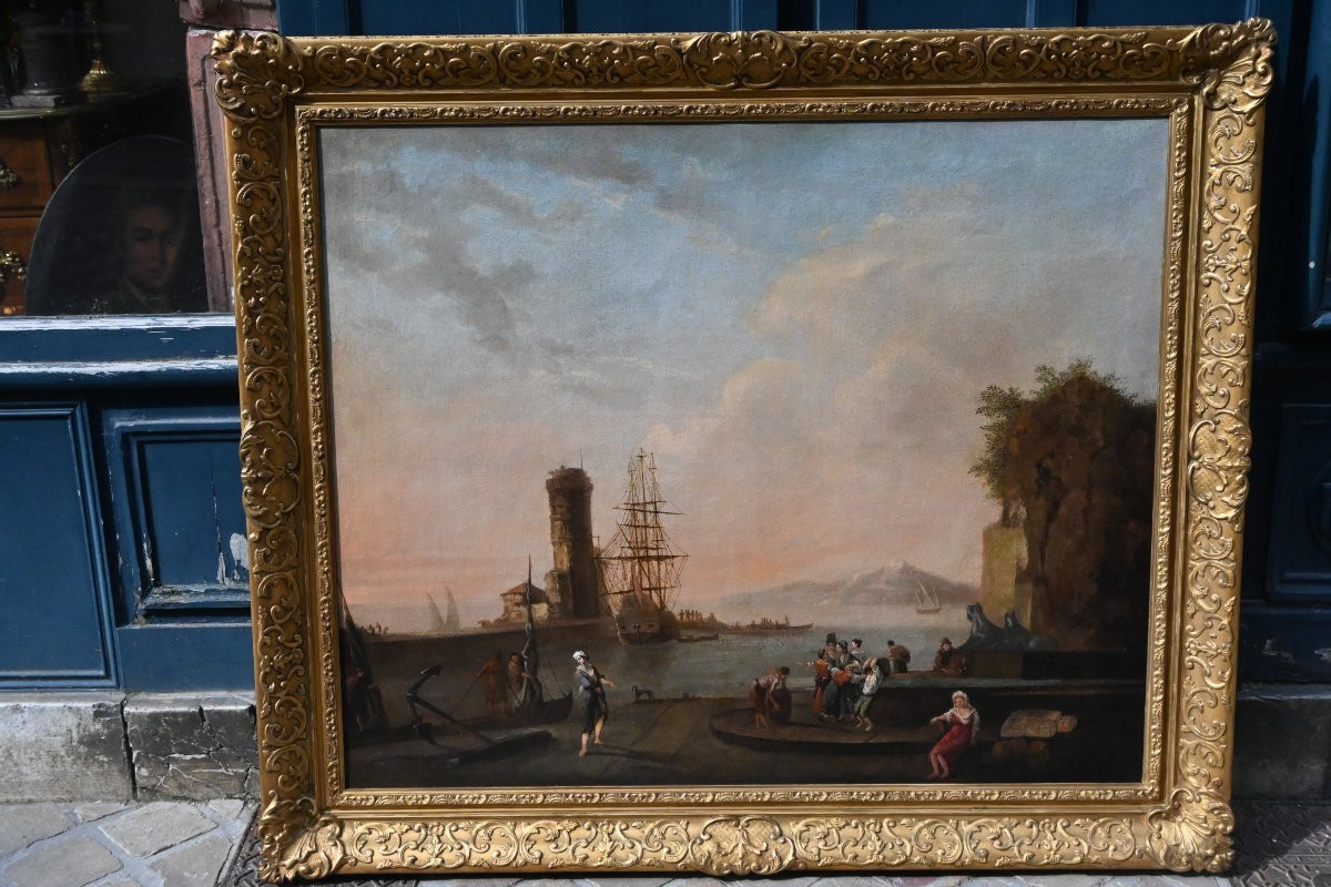 Adrien Manglard , grande huile sur toile paysage de port méditerranéen du XVIII-photo-2