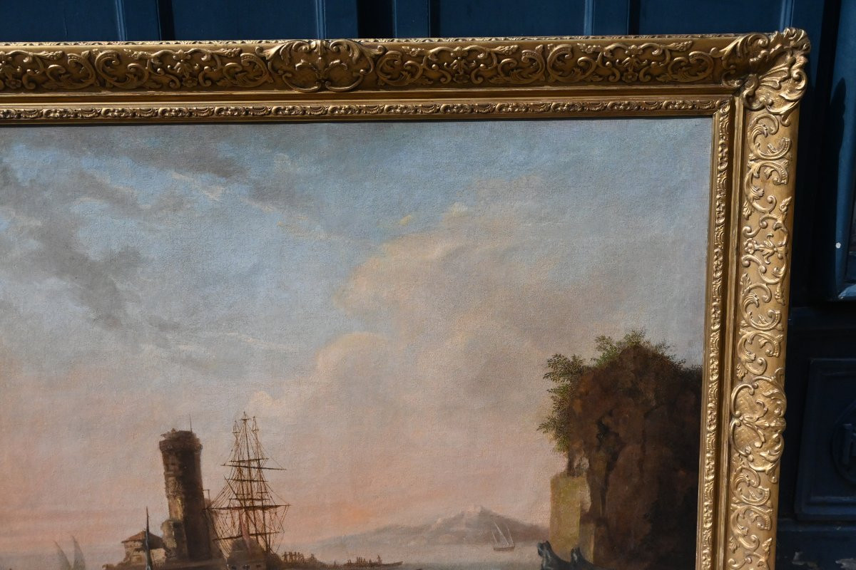 Adrien Manglard , grande huile sur toile paysage de port méditerranéen du XVIII-photo-1