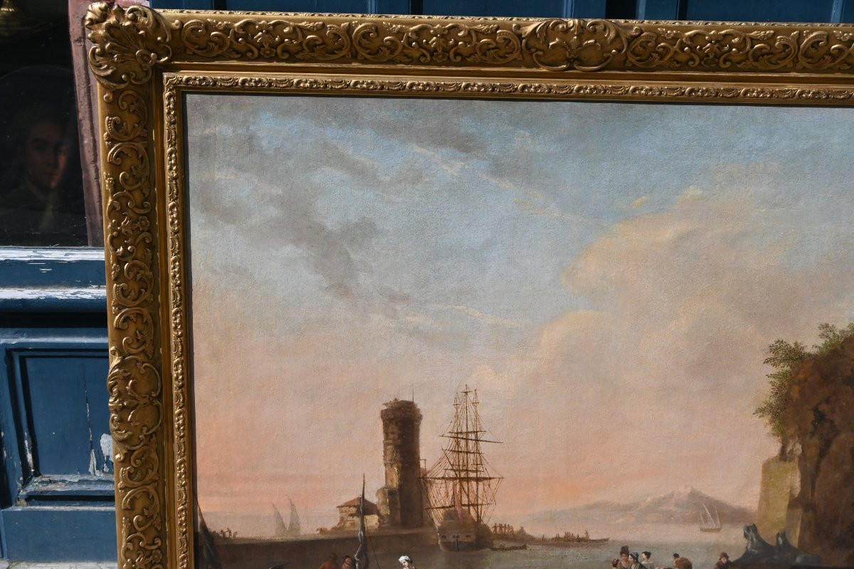 Adrien Manglard , grande huile sur toile paysage de port méditerranéen du XVIII-photo-2