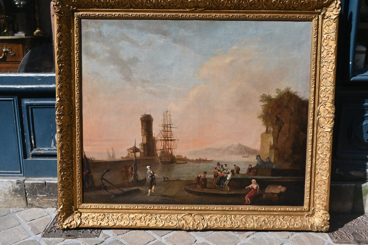 Adrien Manglard , grande huile sur toile paysage de port méditerranéen du XVIII-photo-3