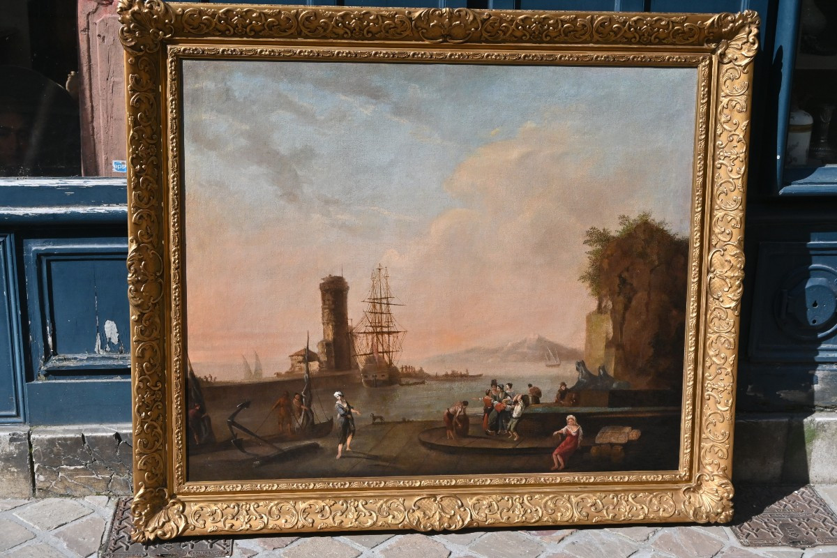 Adrien Manglard , grande huile sur toile paysage de port méditerranéen du XVIII